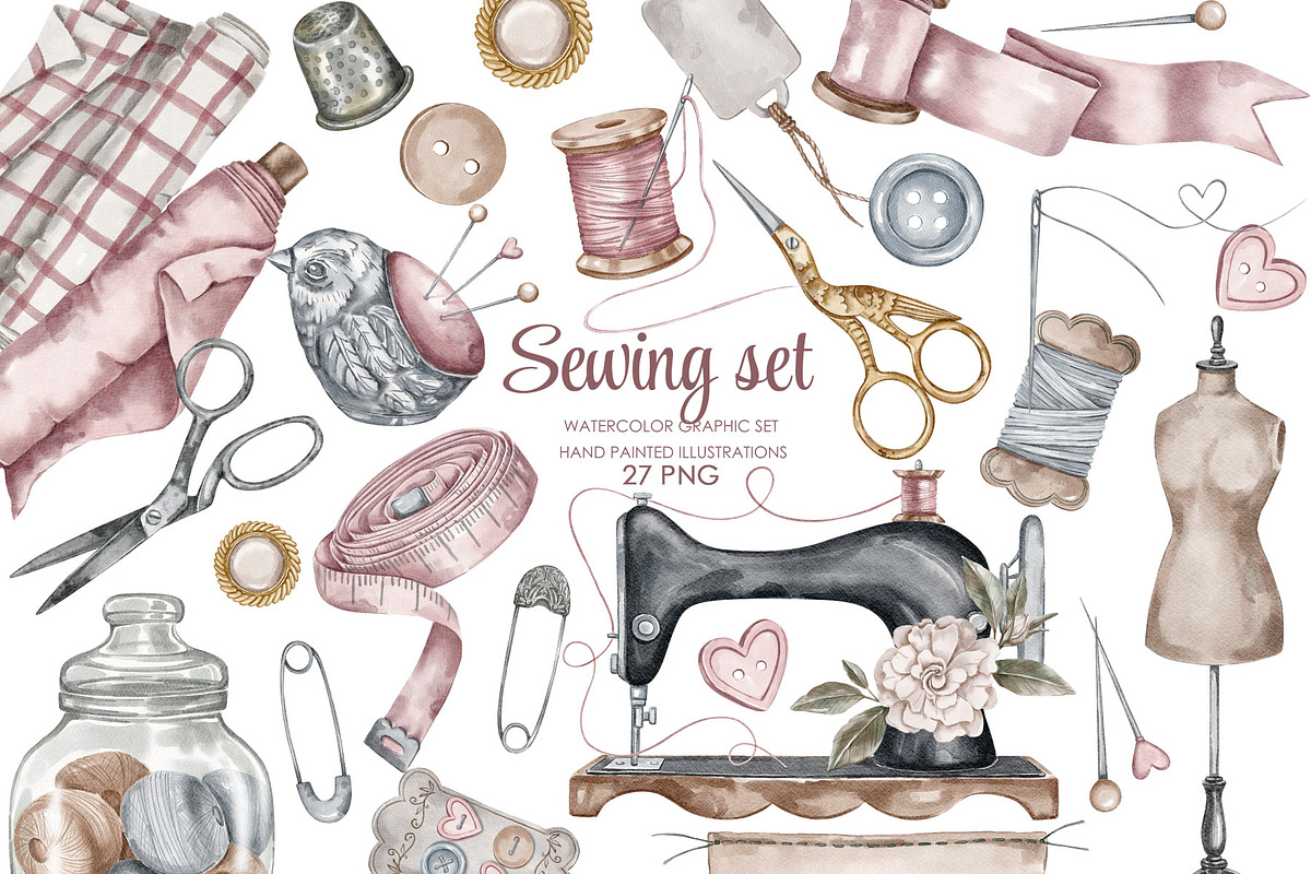 Watercolor vintage sewing clipart, an Illustration by AquarelleSpace (Photo 1 of 4)