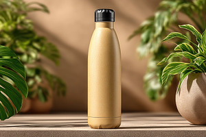 Reusable water bottle on natural background with plants, eco fri, a Food & Drink Photo by José Manuel Gelpi