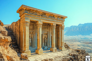 Ancient temple in a desert landscape, a Photo by Tanuart