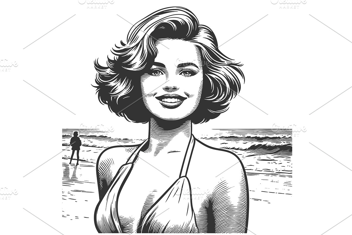 Smiling Woman at the Beach engraving, a Person Illustration by AlexArt