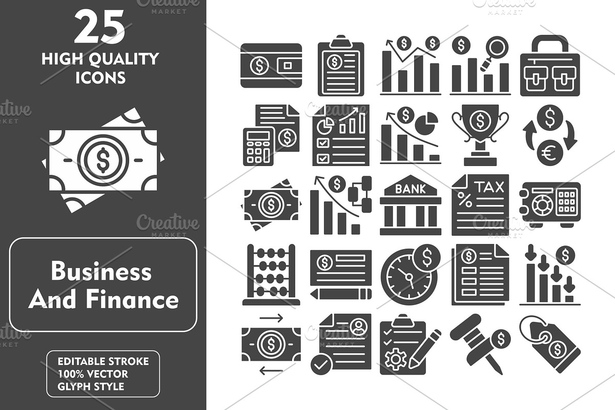 25 Business and finance Glyph Icons, an Icon by Pexelpy