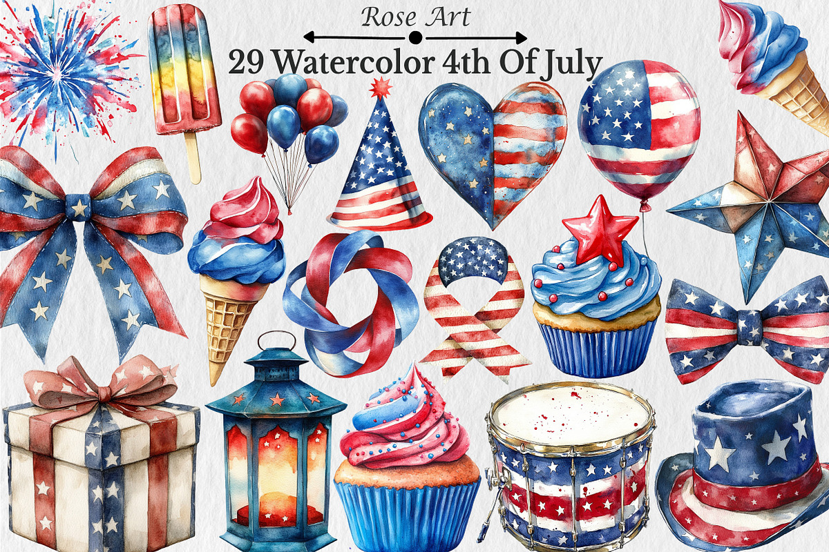 Watercolor 4th Of July Clipart, a Seasonal Illustration by Rose Art (Photo 1 of 5)