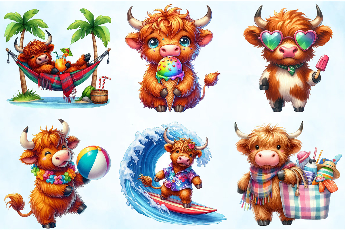 Funny Summer Highland Cow Clipart, an Illustration by Craft Nest (Photo 3 of 5)