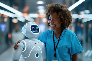 Interacting with a friendly AI assistant in a modern setting, a Photo by AlyaAnd