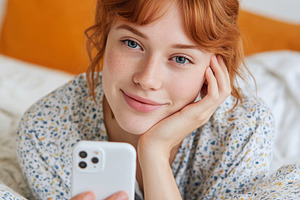 Smiling red-haired young woman lying, a Person Photo by MistyDay