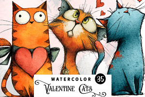 Quirky Valentine Cats Clipart, an Illustration by Watercolor design