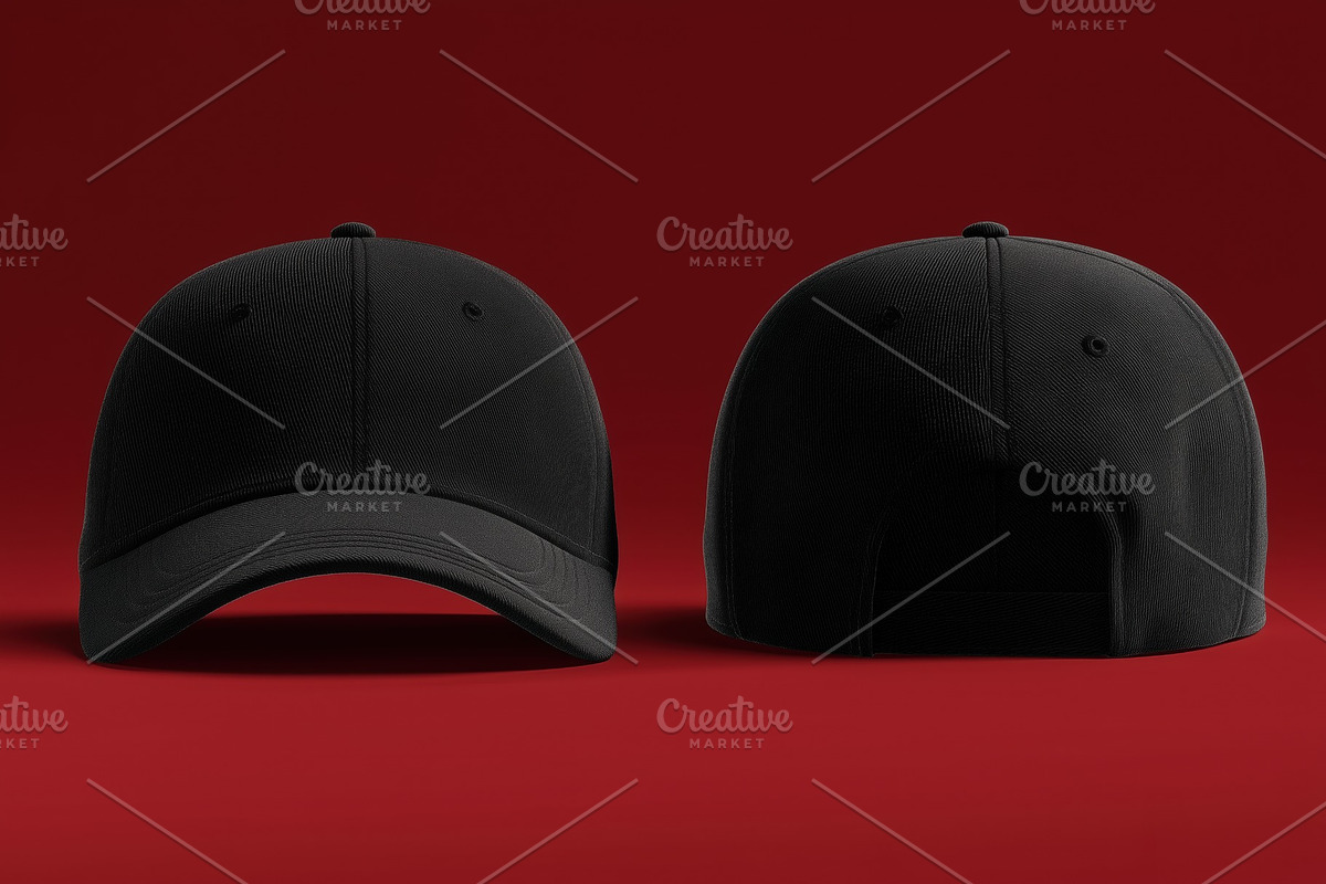 A pair of black baseball caps mockup on a red background, showcasing front and, a Mask Mockup by Textures & Backgrounds