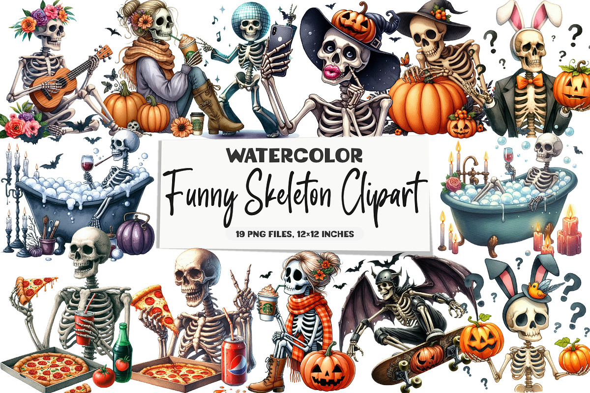 Funny Skeleton Clipart Bundle, an Illustration by DreamArtGraphic (Photo 1 of 4)