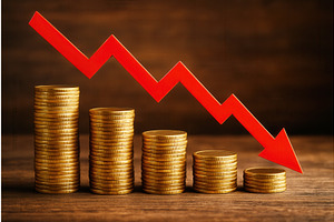 Stacks of gold coins decrease in, a Finance Illustration by Sergey Kotenev