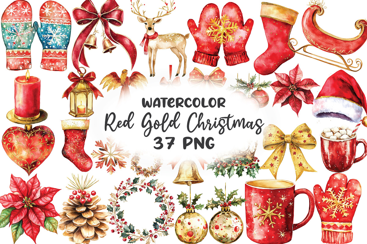 Red Gold Christmas Watercolor Clipar, an Illustration by CraftArtStudio (Photo 1 of 6)