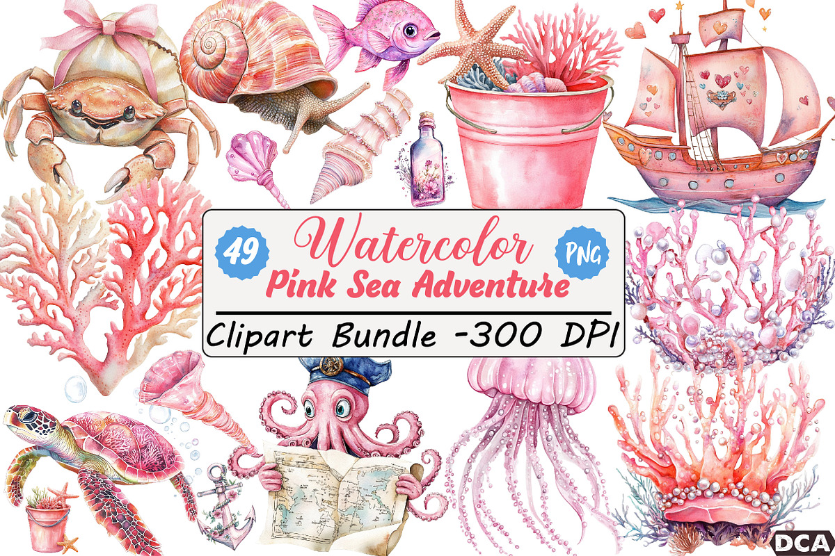 Pink Sea Adventure Clipart, an Illustration by DreamCafeArt (Photo 1 of 8)
