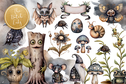 Whimsical Garden Creatures Clipart, a Decorative Illustration by The Dutch Lady Designs
