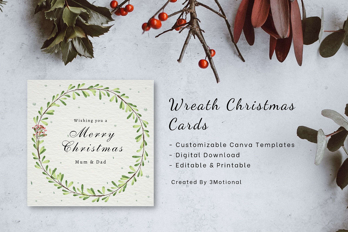 8 Wreath Christmas Cards Canva, a Card Template by 3Motional (Photo 3 of 11)