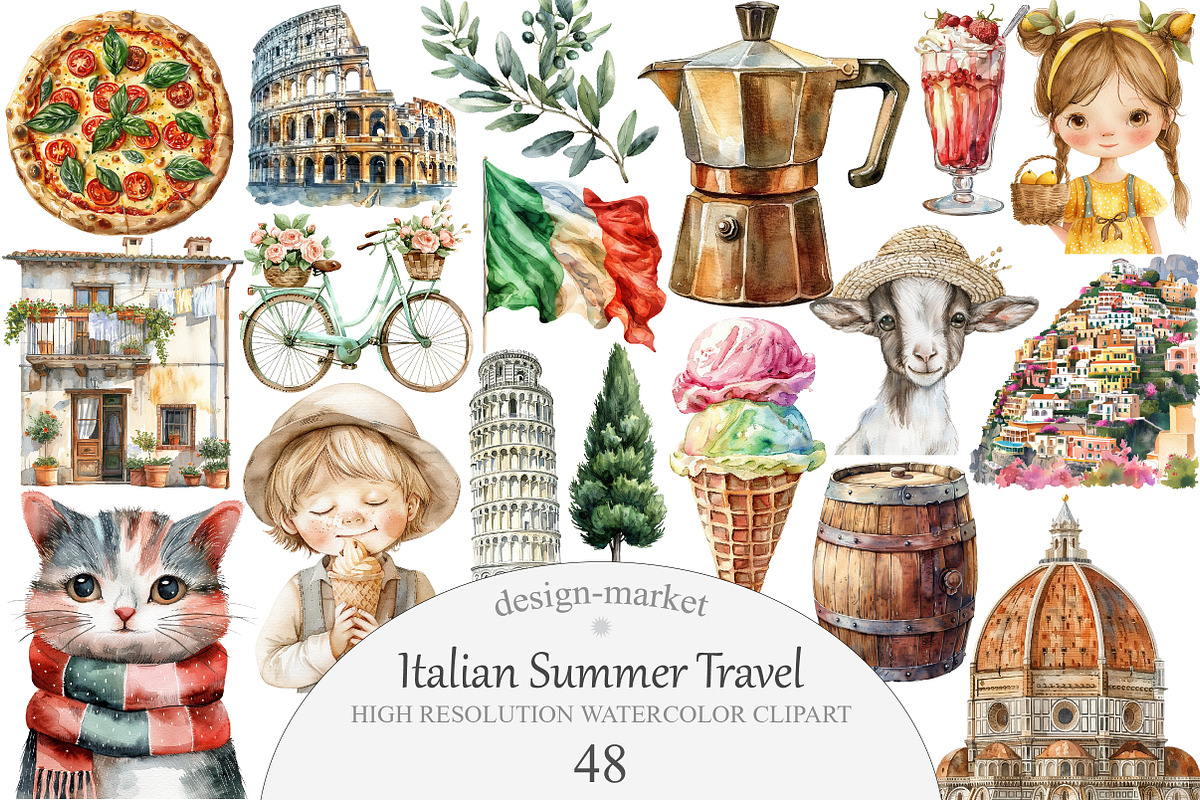 Watercolor Italian Summer Travel Set, an Illustration by Design Market (Photo 1 of 5)