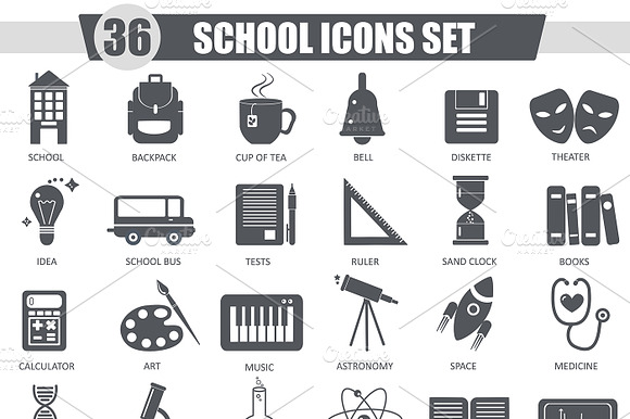 36 School Black Icons Set.