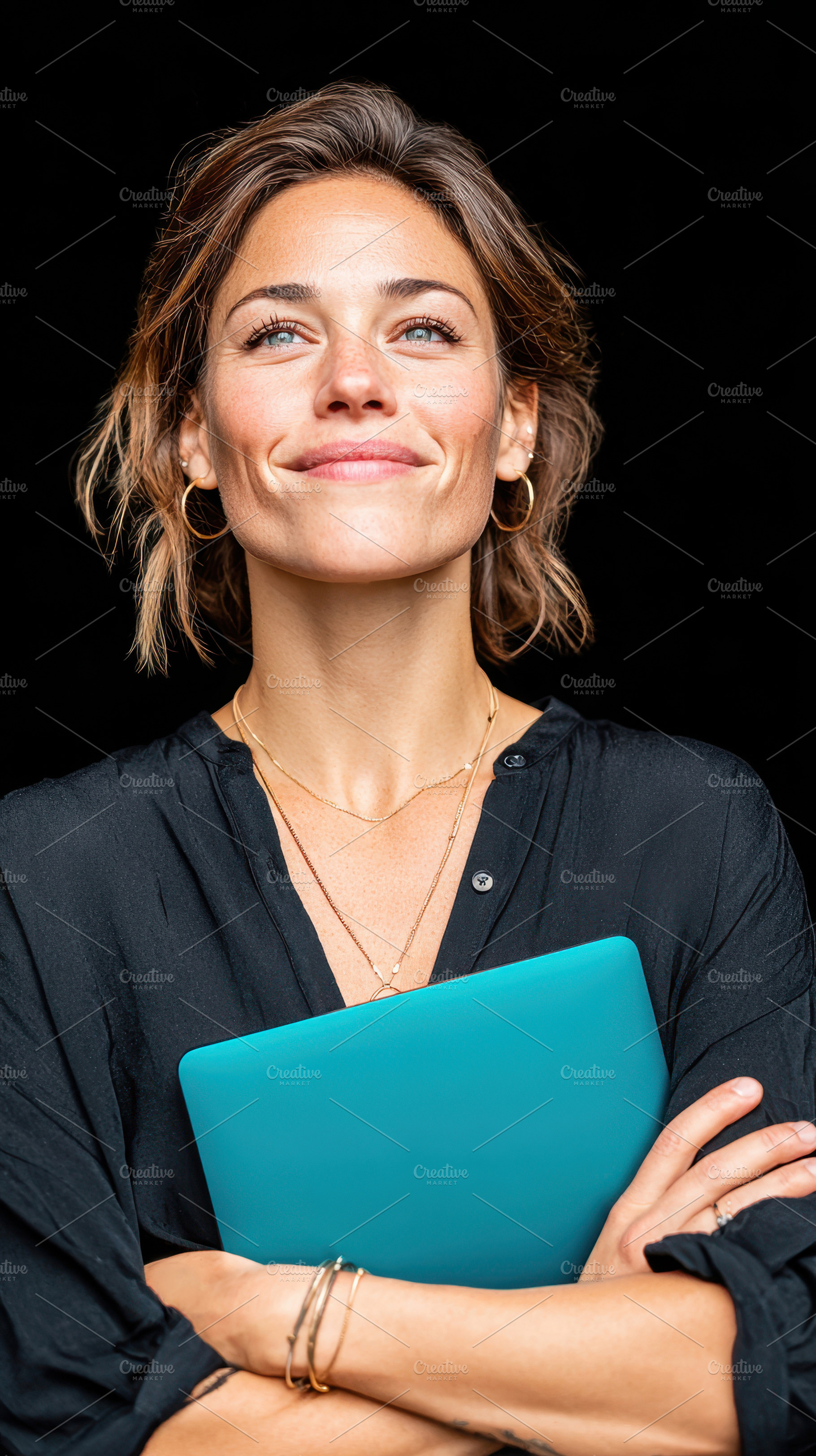 Confident woman holding a laptop, a Person Photo by AlyaAnd
