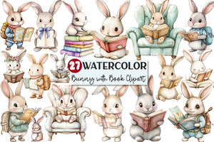 Bunny with Book Clipart, an Illustration by Rose Art