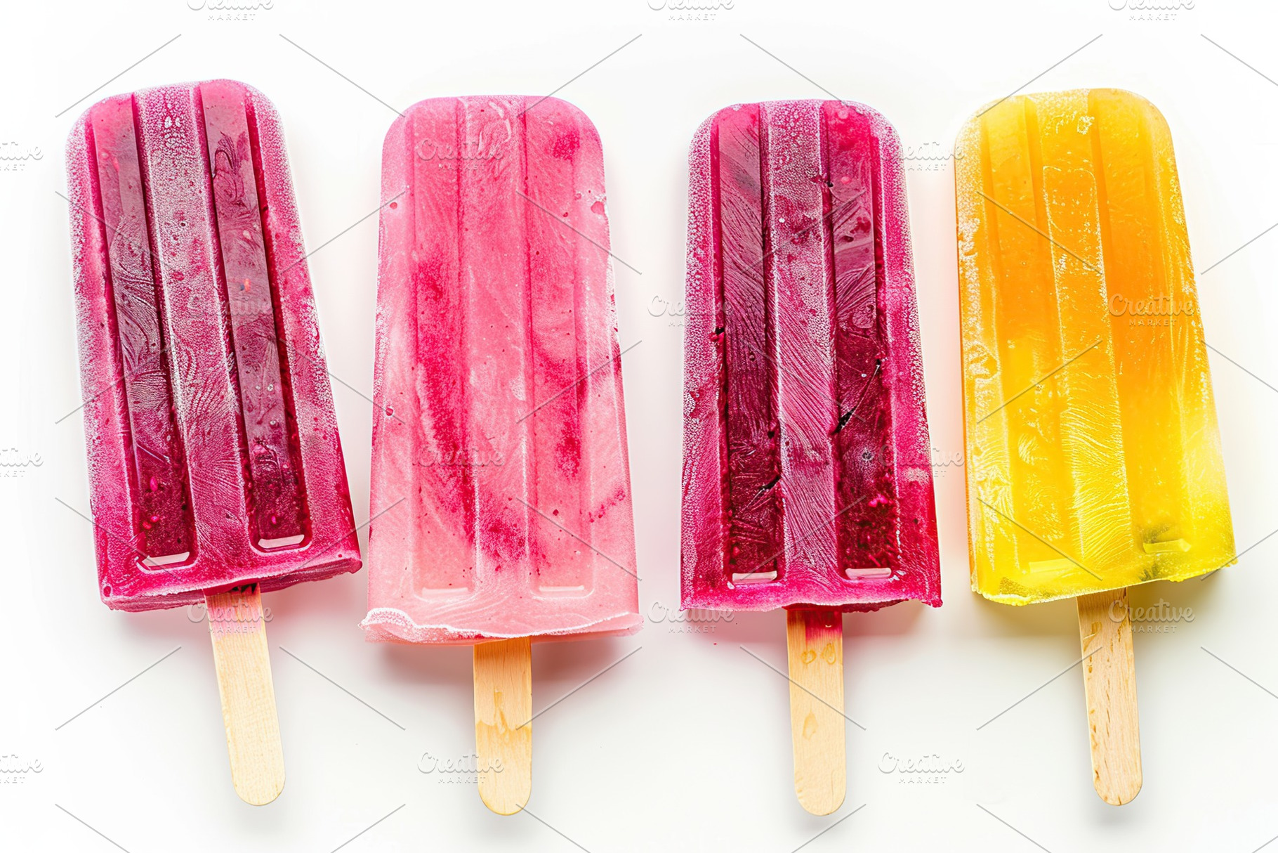 Pink ice cream popsicles on white background, a Food & Drink Photo by AlyaAnd