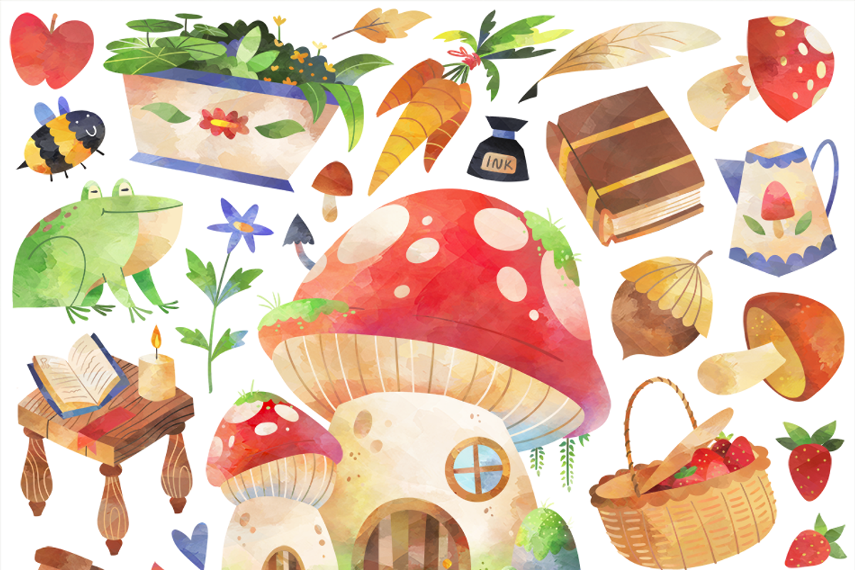 Watercolor Mushroom Cottage Clipart, an Animal Illustration by DigitalArtsi (Photo 4 of 4)
