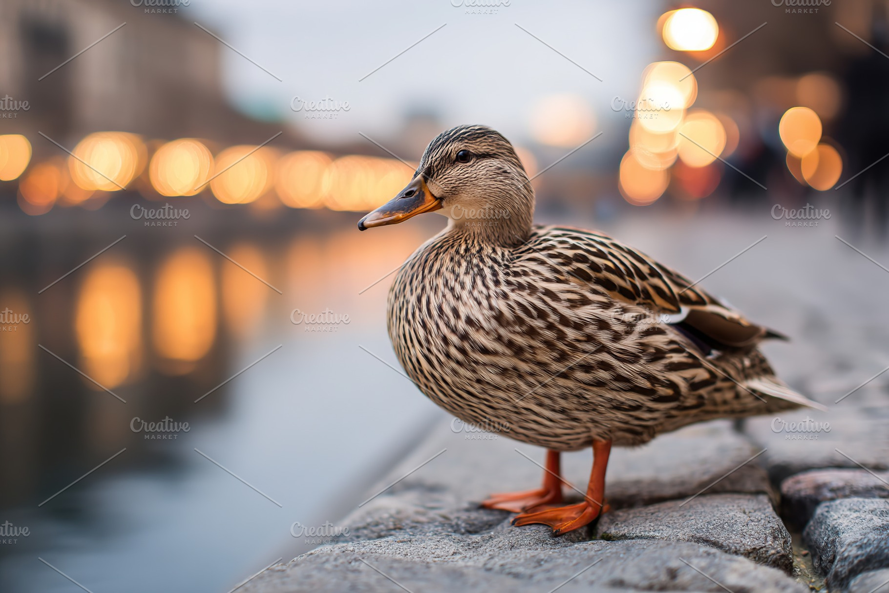 A duck stands on smooth cobblestones near the river as city lights twinkle in t, an Animal Photo by AlyaAnd