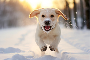 Happy labrador puppy running in the, an Animal Photo by Ylivdesign