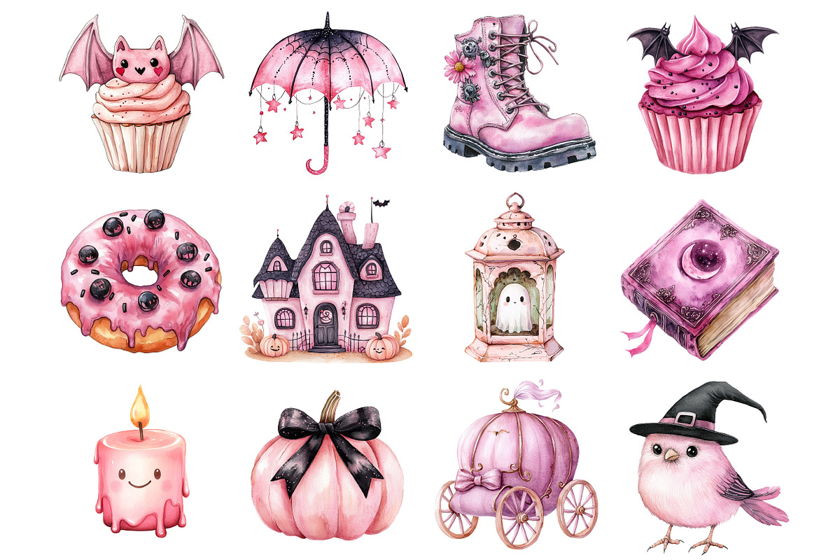 Watercolor Pink Halloween Clipart, a Seasonal Illustration by CitraGraphics (Photo 2 of 5)