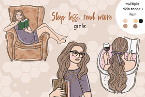 Sleep Less Read More Girls Clipart, a Person Illustration by GlamArtZhanna