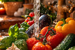 Fresh vegetables under rustic faucet, a Photo by Dvoevnore photos
