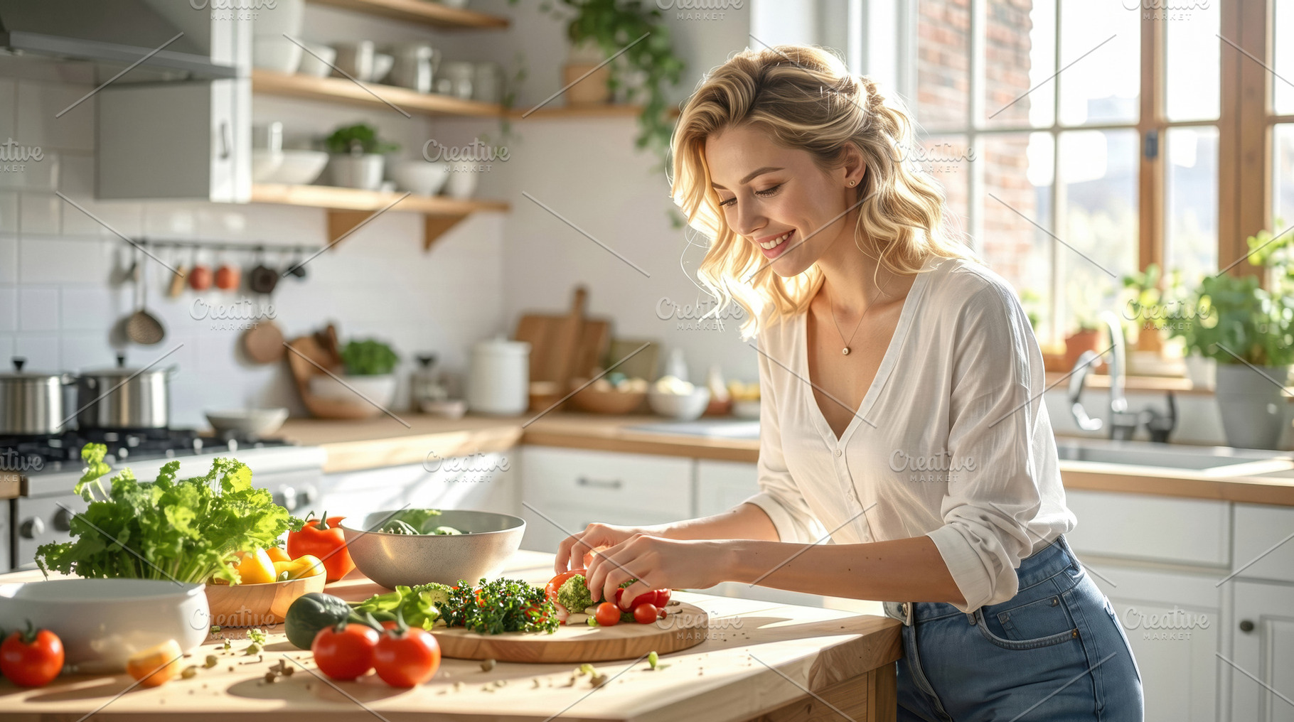 Young Woman Preparing Fresh Vegetables in Bright Kitchen, a Food & Drink Photo by Davizro's Market