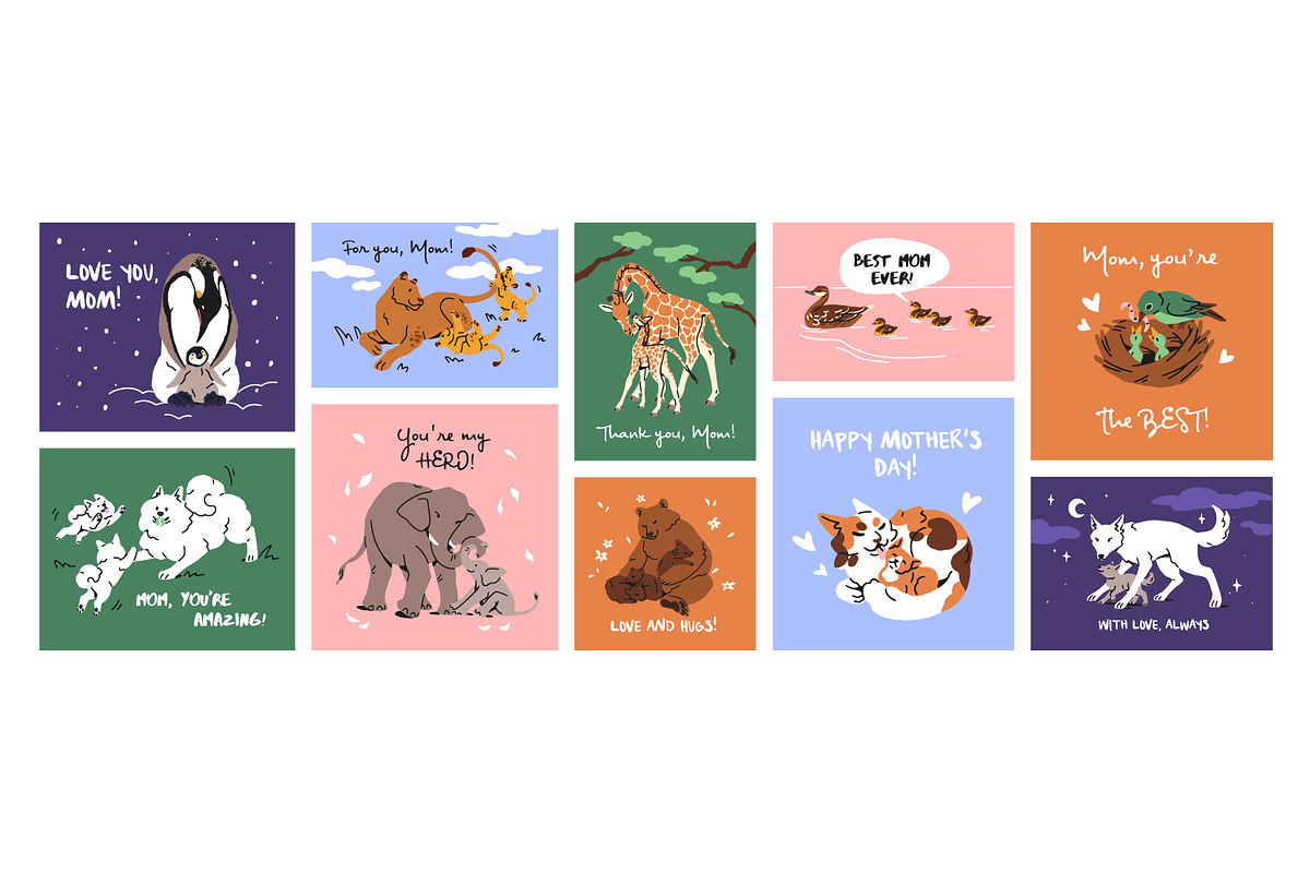Mother's Day cards with animals set, an Animal Illustration by PaperTrident (Photo 1 of 11)