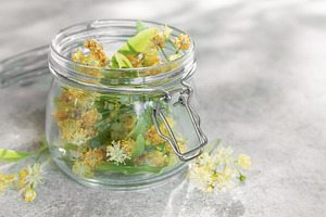 Linden blossoms filling glass jar for herbal medicine, a Food & Drink Photo by Olena Rudo