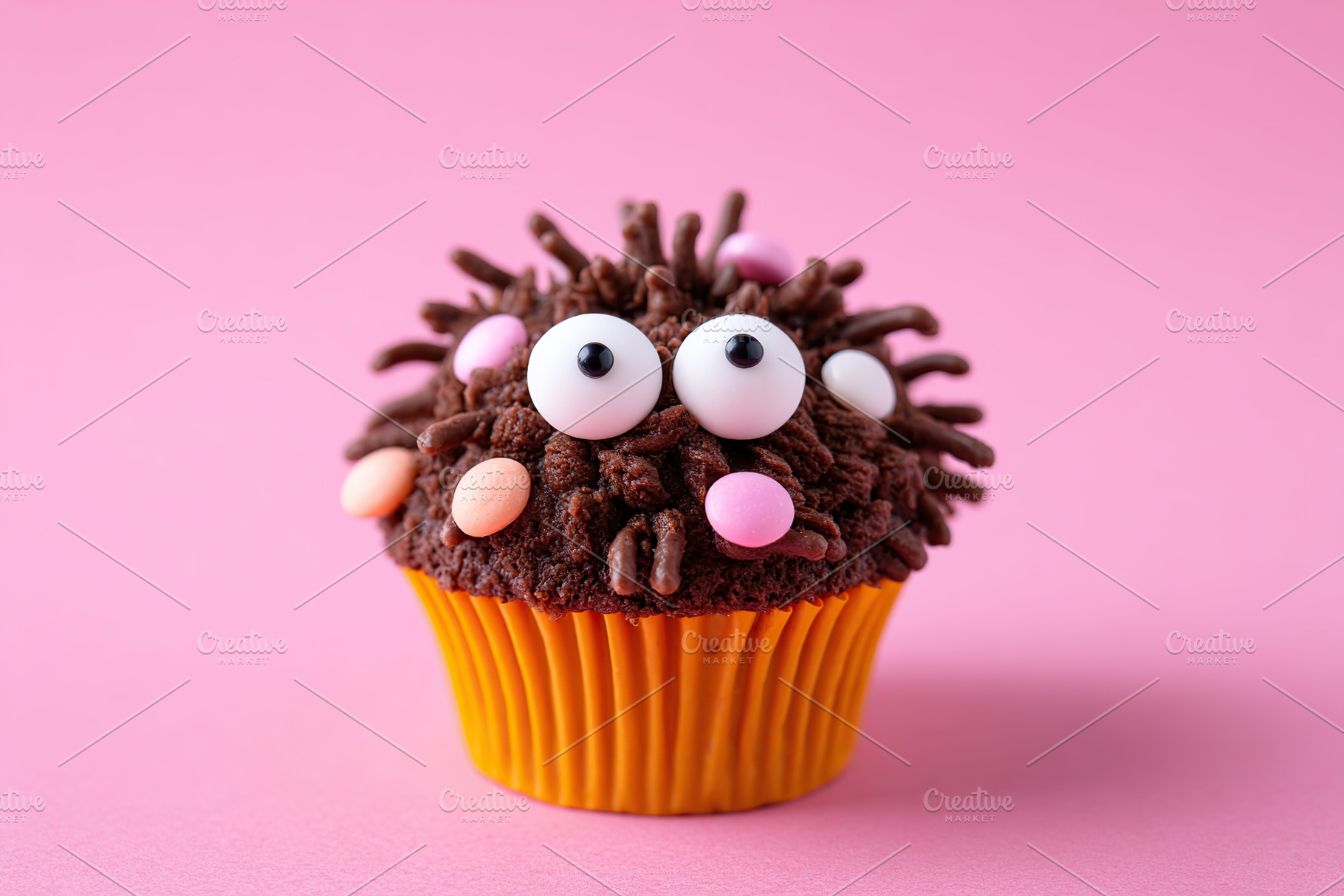 Unique chocolate cupcake topped with whipped cream styled as wild hair and colo, a Photo by AlyaAnd