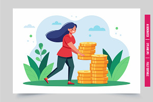 Smiling woman walks with coins, an Illustration by Tanuart