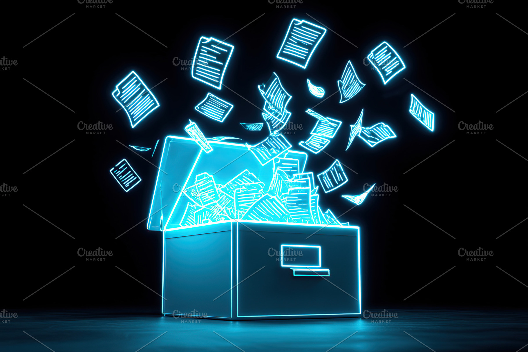 Digital box overflowing with illuminated documents in dark setting creating dyn, a Photo by AlyaAnd