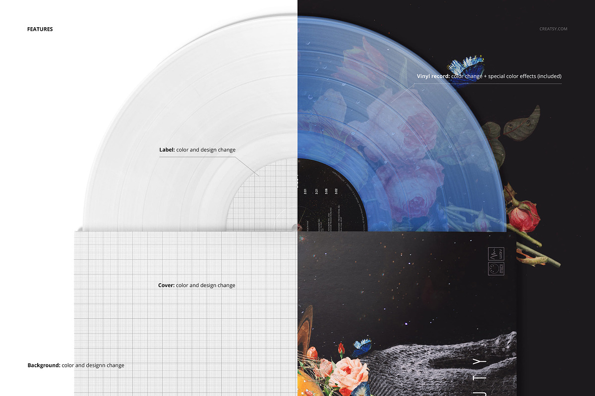 Translucent Vinyl Record Mockup, a Merchandise Mockup by creatsy5