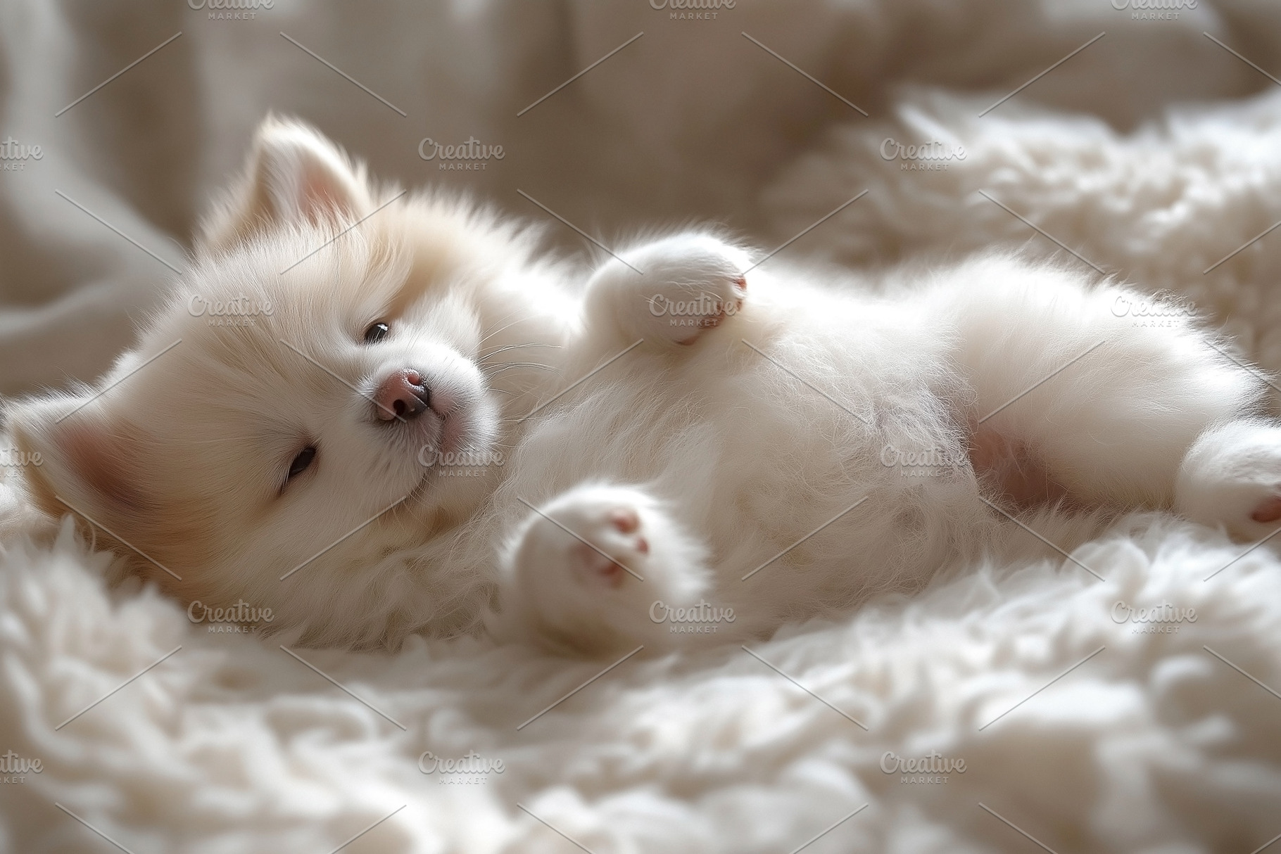 A fluffy white puppy lies comfortably on a cozy blanket, exuding a peaceful and, an Animal Photo by ImageMir
