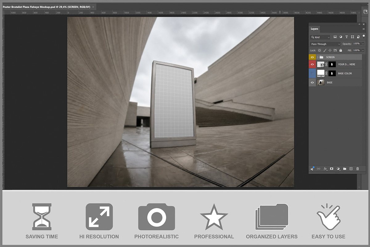 Poster Brutalist Plaza Fisheye M PSD, an Advertising Mockup by Bruno's Shop (Photo 2 of 3)