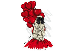 Girl with balloons. Stylish clothes