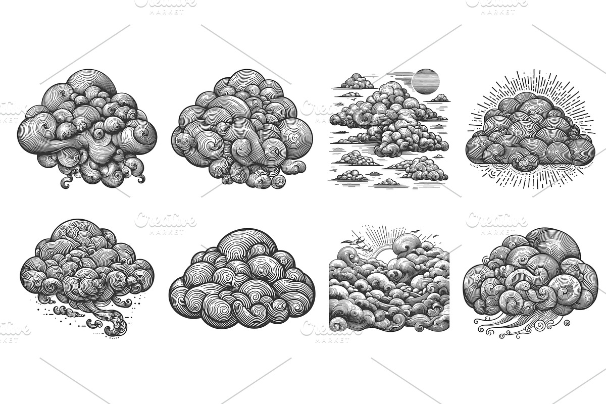 Cloud engraving set vector, an Illustration by AlexArt