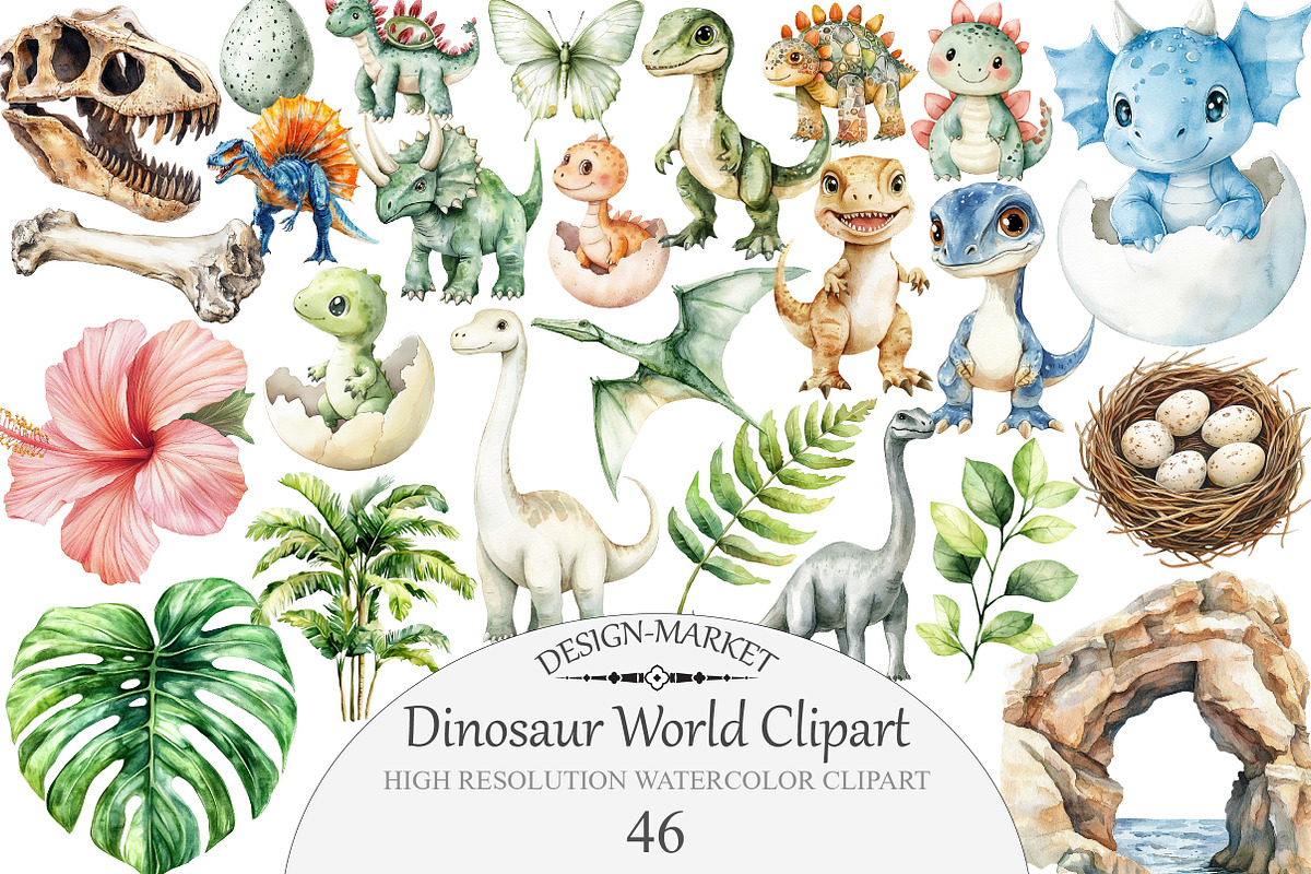 Watercolor Dinosaur World Clipart, an Illustration by Design Market (Photo 1 of 5)