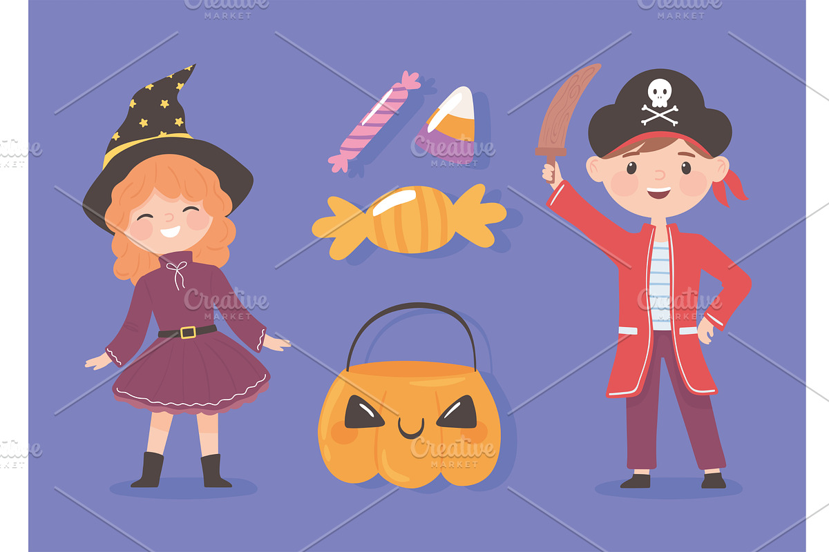 kids with halloween candies, an Illustration by studiogstock