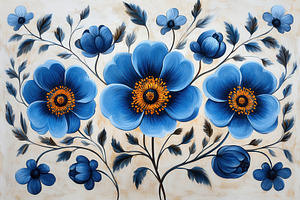 Bright blue flowers bloom against a, a Photo by Tanuart