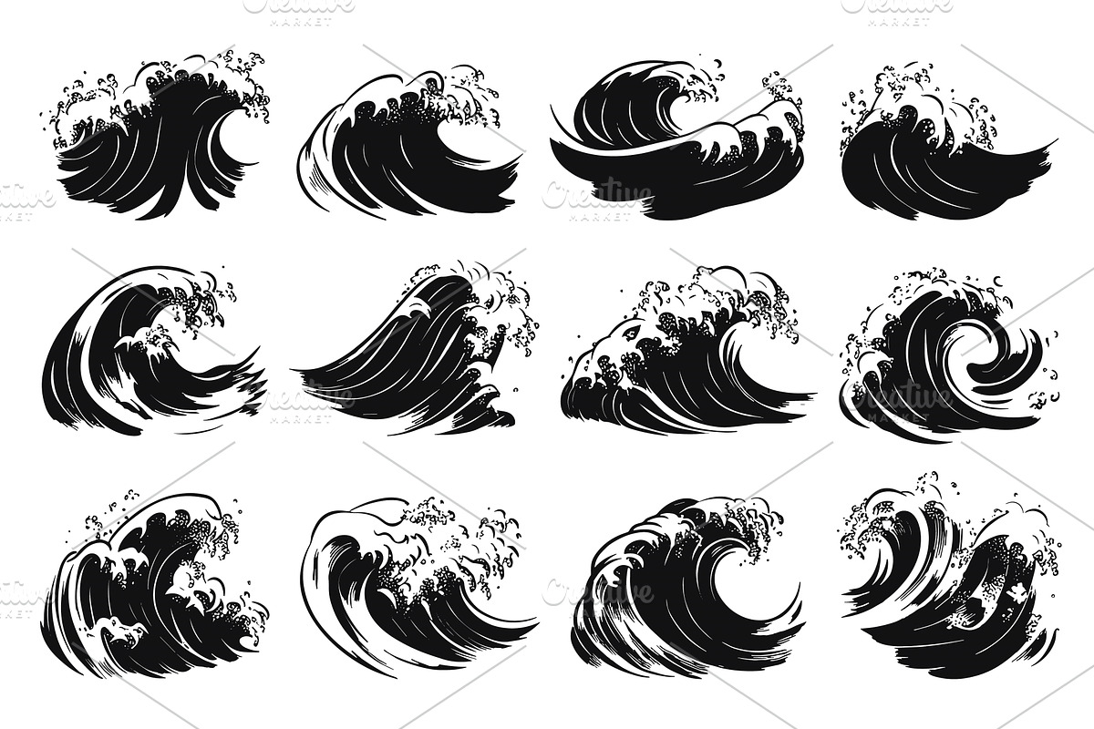 Sea Waves Set Retro Style Black and, an Illustration by LadadikArt