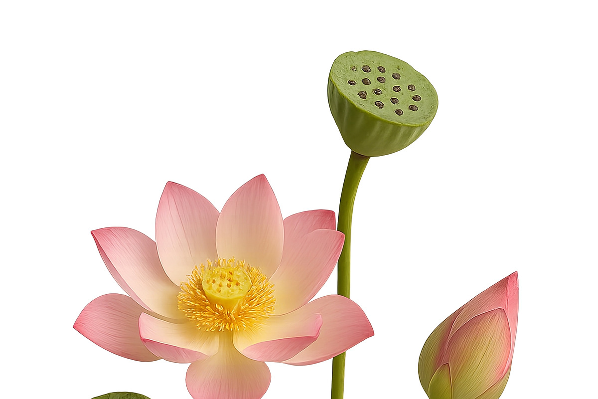 Lotus flowers with seed pods isolate, an Illustration by Dvoevnore photos