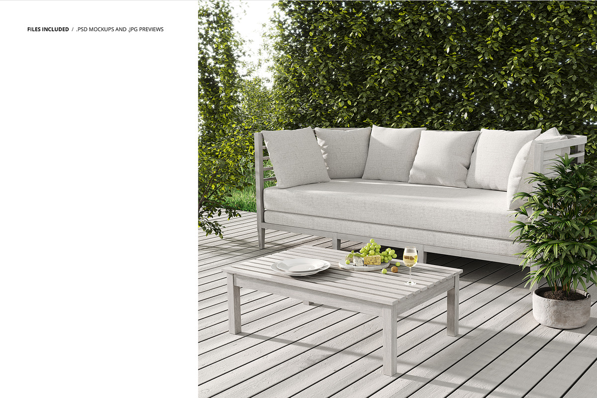 Outdoor Scene Sofa & Pillows Mockup, a Product Mockup by creatsy2 (Photo 2 of 7)