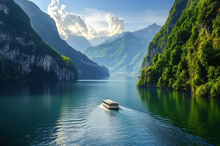 Boat navigates tranquil waters surro, a Photo by Iftikhar Alam