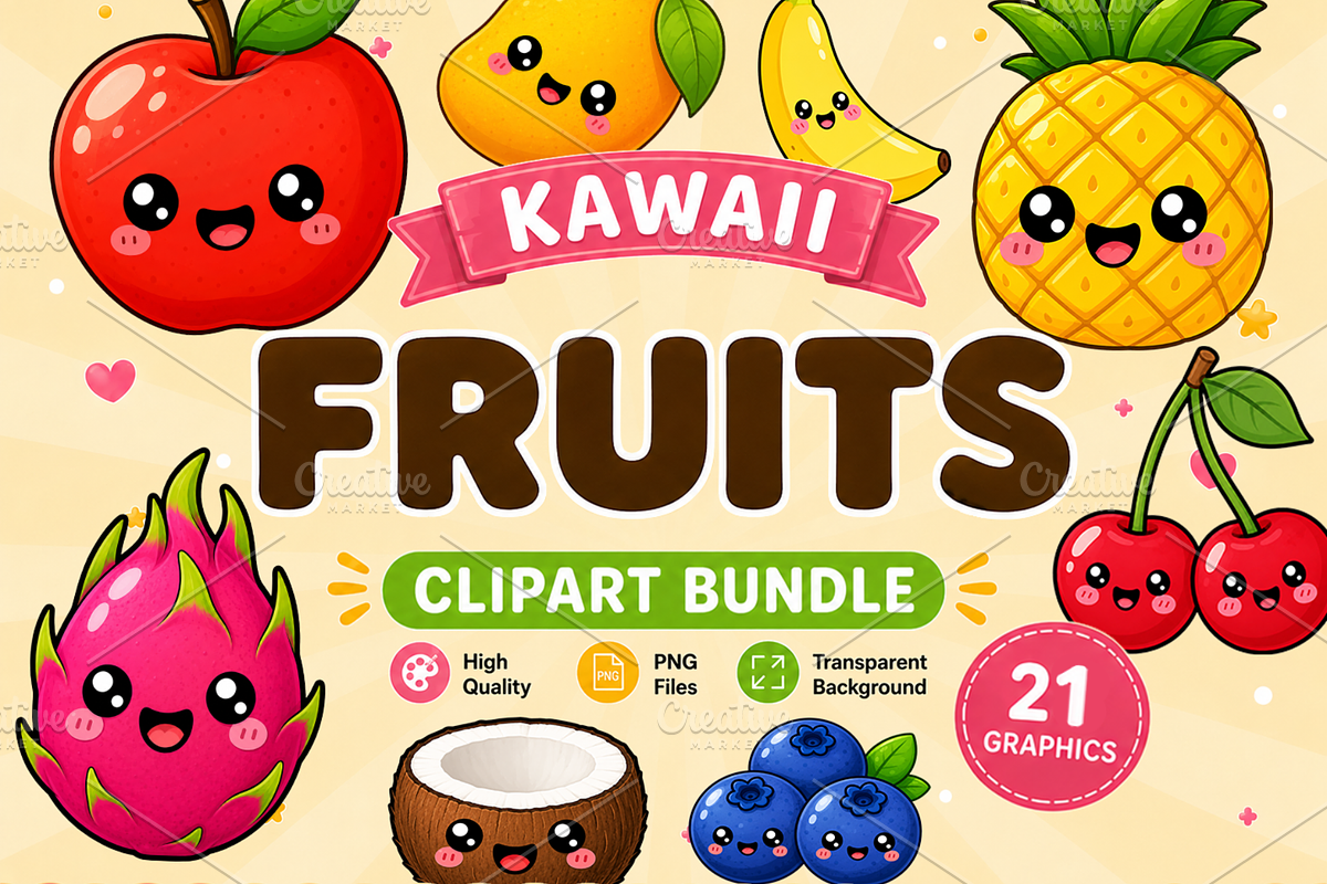 Cute Kawaii Fruits Clipart Bundle, a Food Illustration by QM_ART (Photo 1 of 4)