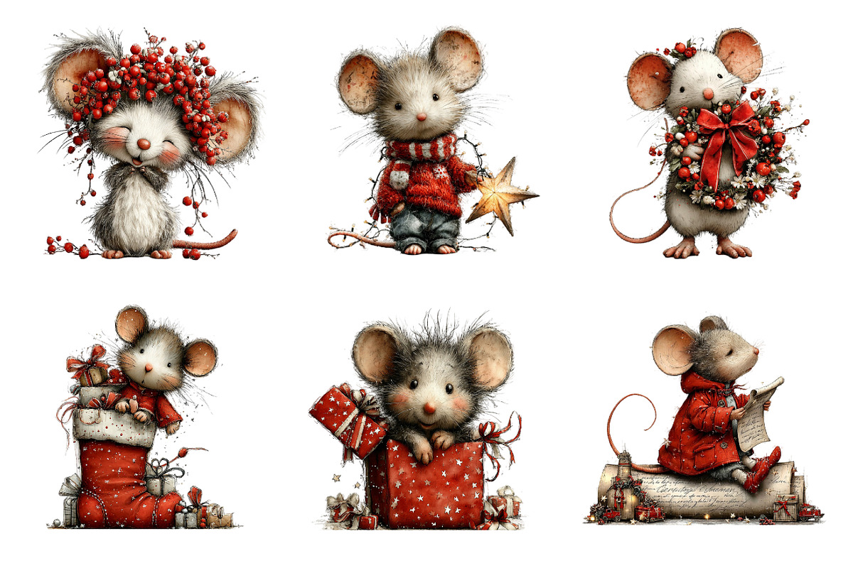 Whimsical Mouse Christmas Clipart, an Illustration by SinaCreation (Photo 4 of 11)