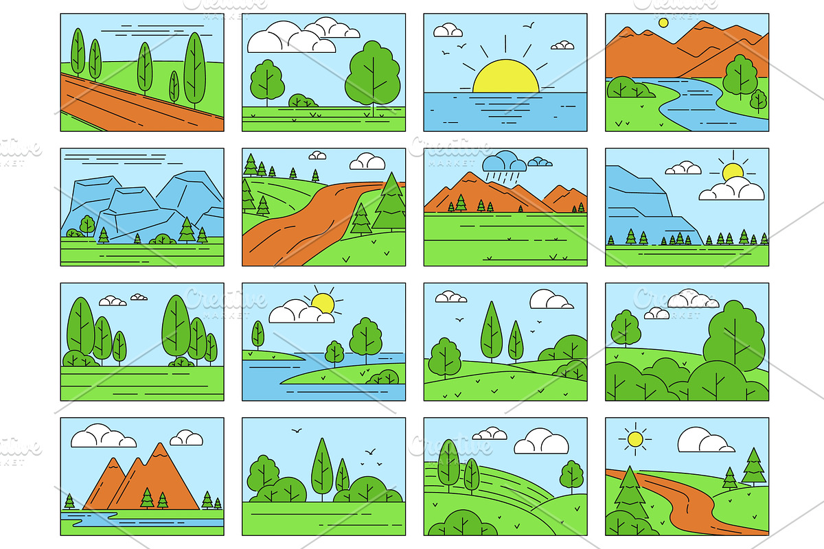 Landscape color icons. Linear travel, an Illustration by YummyBuum