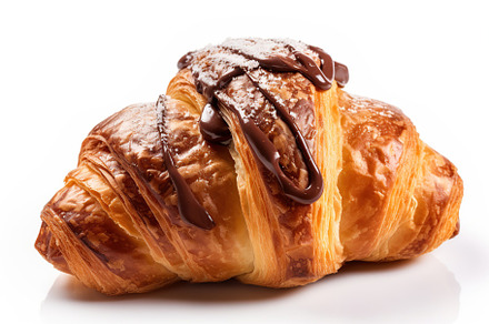 Fresh delicious croissant with chocolate on white background. Generative AI, a Food & Drink Photo by AlyaAnd